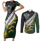 Custom Rugby New Zealand And South Africa Couples Matching Short Sleeve Bodycon Dress and Long Sleeve Button Shirt Silver Fern With Springboks