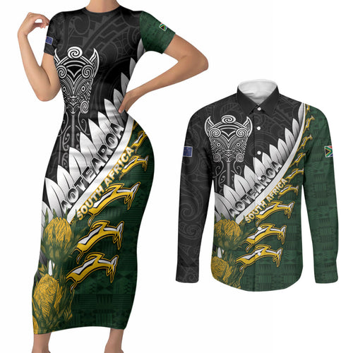 Custom Rugby New Zealand And South Africa Couples Matching Short Sleeve Bodycon Dress and Long Sleeve Button Shirt Silver Fern With Springboks