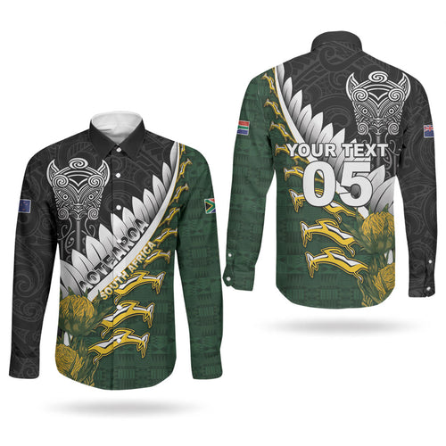 Custom Rugby New Zealand And South Africa Couples Matching Short Sleeve Bodycon Dress and Long Sleeve Button Shirt Silver Fern With Springboks
