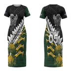 Custom Rugby New Zealand And South Africa Couples Matching Short Sleeve Bodycon Dress and Long Sleeve Button Shirt Silver Fern With Springboks