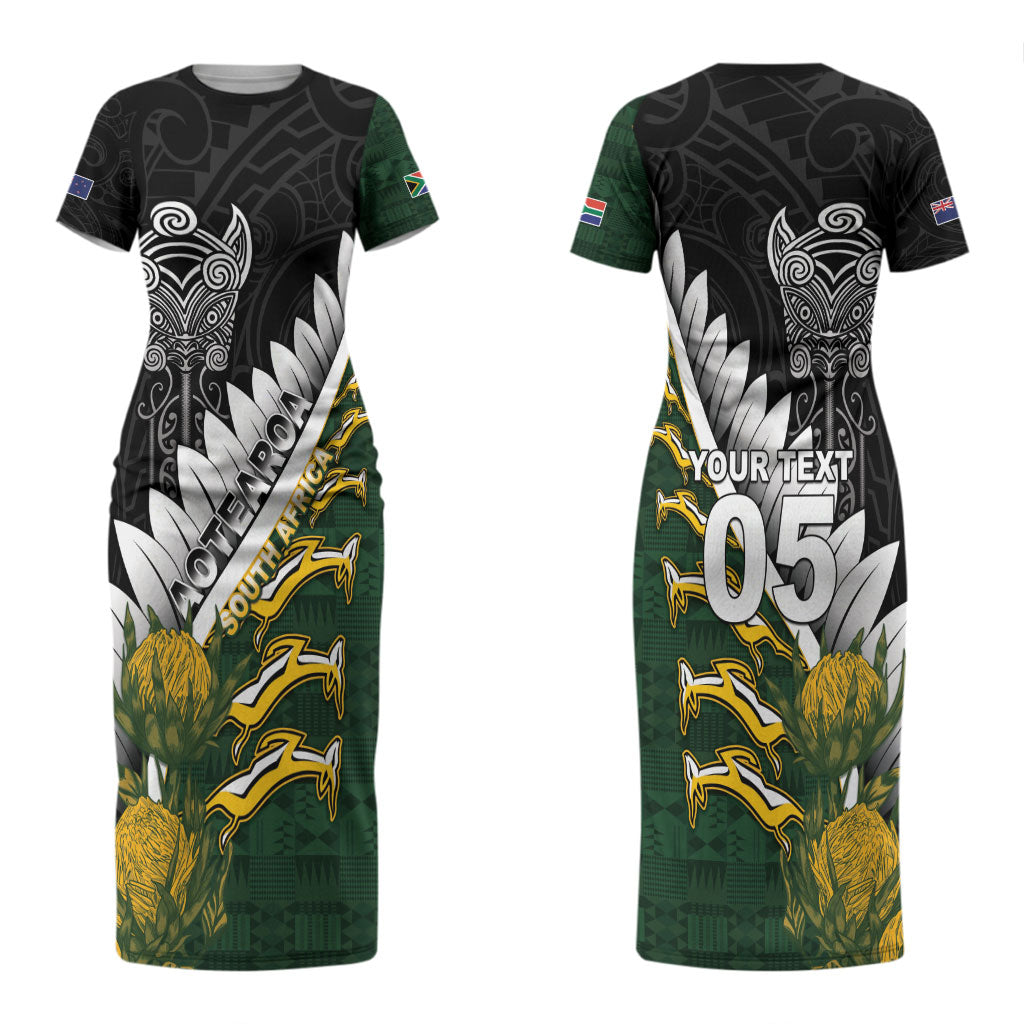 Custom Rugby New Zealand And South Africa Couples Matching Short Sleeve Bodycon Dress and Long Sleeve Button Shirt Silver Fern With Springboks