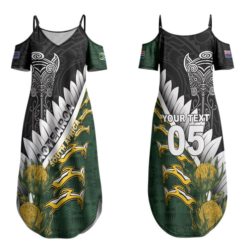 Custom Rugby New Zealand And South Africa Couples Matching Summer Maxi Dress and Long Sleeve Button Shirt Silver Fern With Springboks