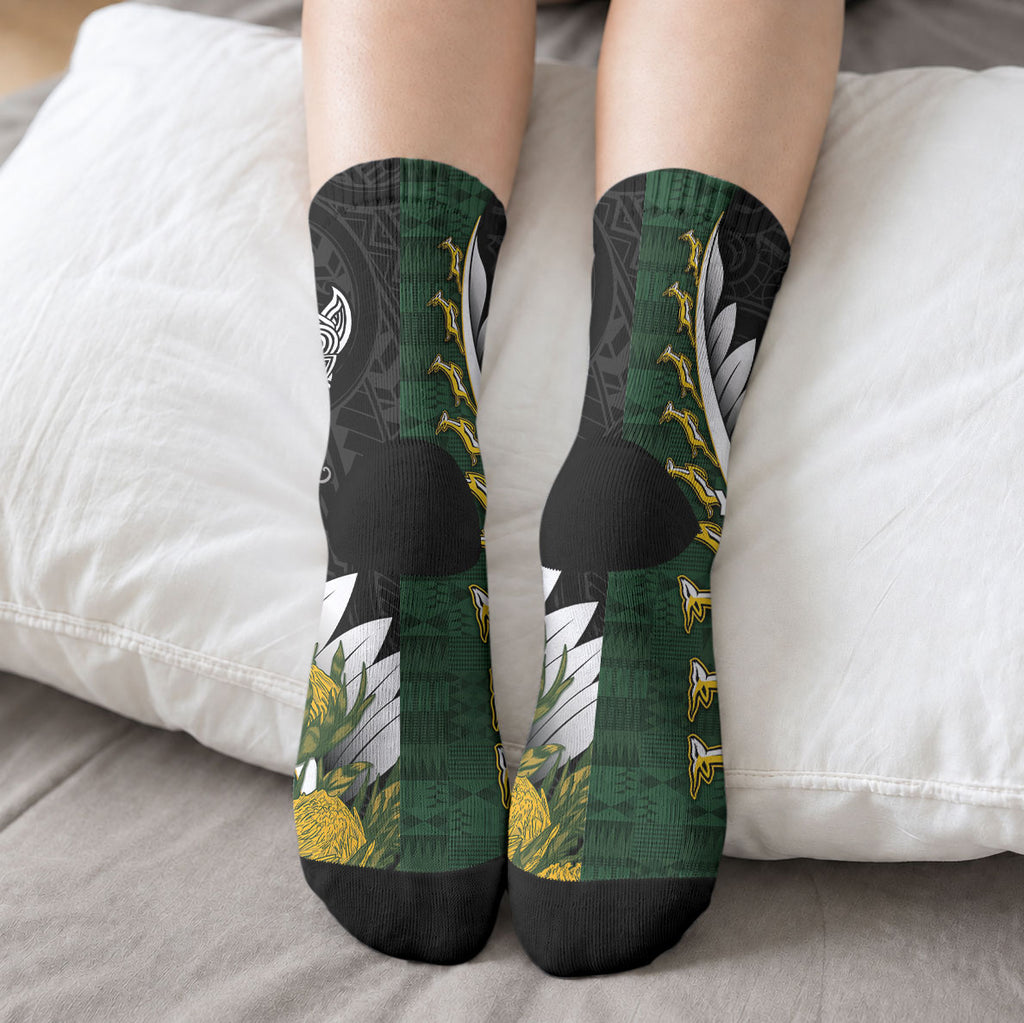 Custom Rugby New Zealand And South Africa Crew Socks Silver Fern With Springboks