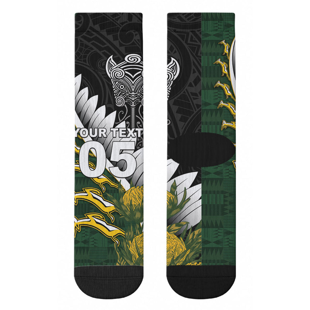 Custom Rugby New Zealand And South Africa Crew Socks Silver Fern With Springboks