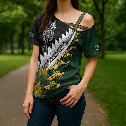 Custom Rugby New Zealand And South Africa Cross Shoulder Shirt Silver Fern With Springboks