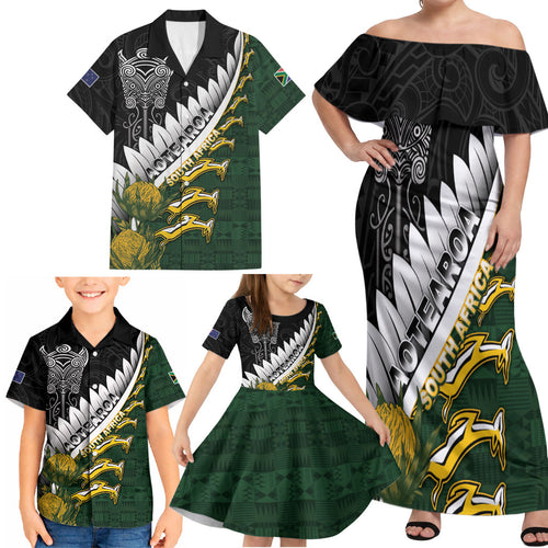 Custom Rugby New Zealand And South Africa Family Matching Off Shoulder Maxi Dress and Hawaiian Shirt Silver Fern With Springboks