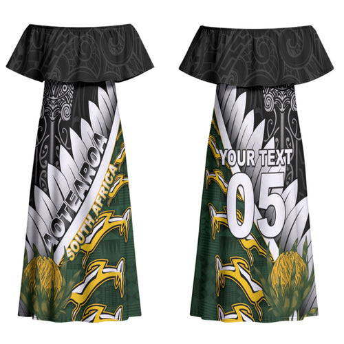 Custom Rugby New Zealand And South Africa Family Matching Off Shoulder Maxi Dress and Hawaiian Shirt Silver Fern With Springboks