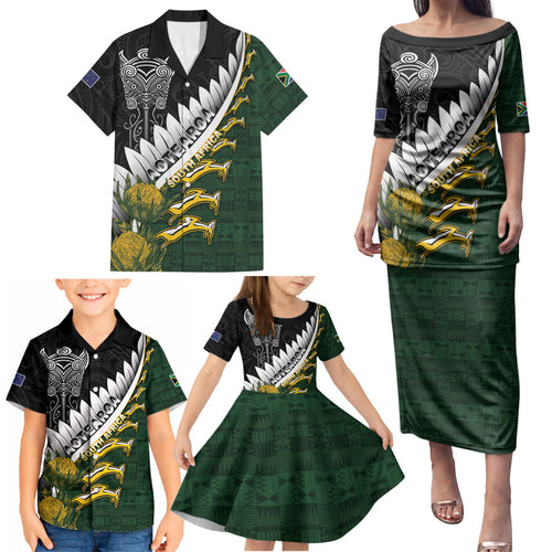 Custom Rugby New Zealand And South Africa Family Matching Puletasi and Hawaiian Shirt Silver Fern With Springboks