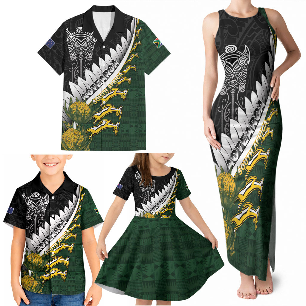 Custom Rugby New Zealand And South Africa Family Matching Tank Maxi Dress and Hawaiian Shirt Silver Fern With Springboks