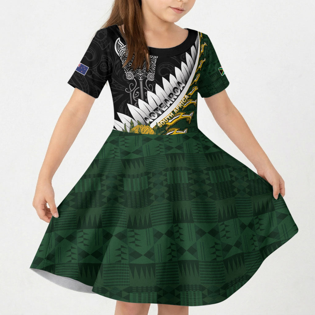 Custom Rugby New Zealand And South Africa Kid Short Sleeve Dress Silver Fern With Springboks