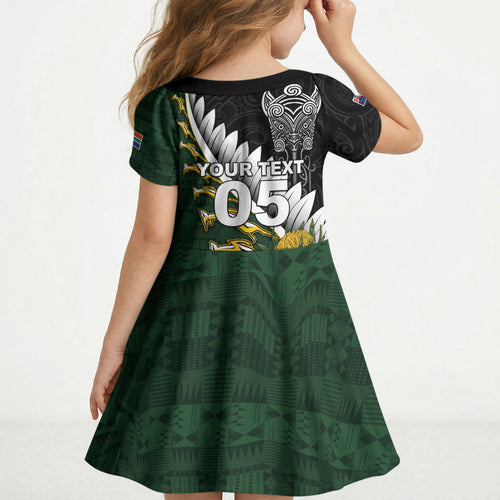 Custom Rugby New Zealand And South Africa Kid Short Sleeve Dress Silver Fern With Springboks
