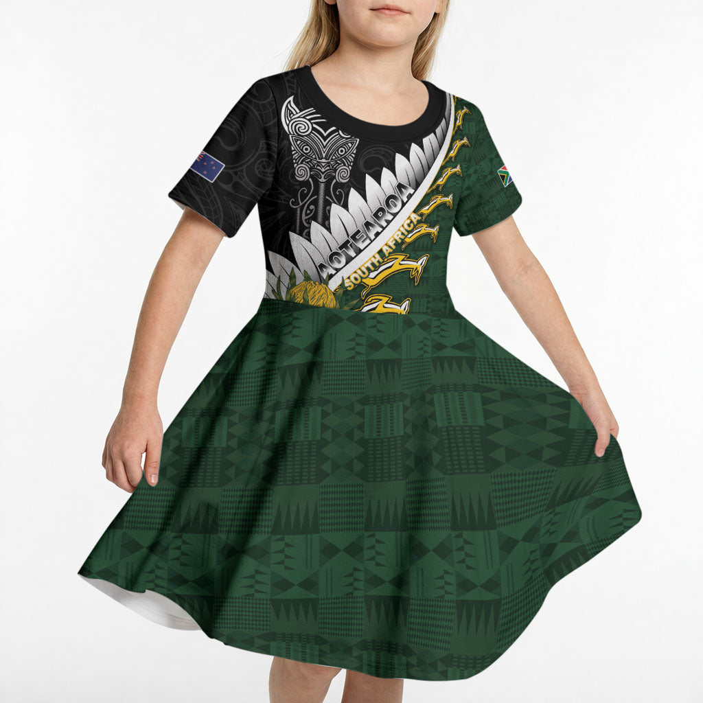 Custom Rugby New Zealand And South Africa Kid Short Sleeve Dress Silver Fern With Springboks
