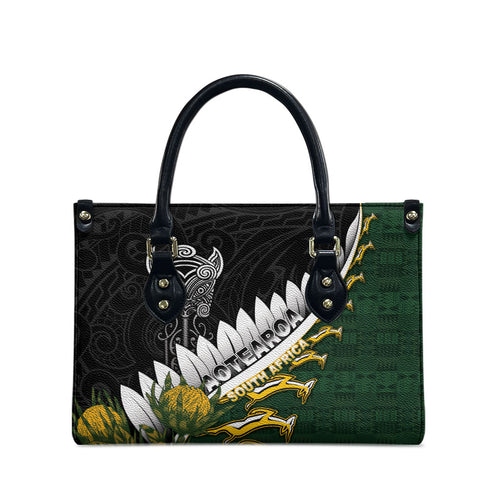Rugby New Zealand And South Africa Leather Bag Silver Fern With Springboks