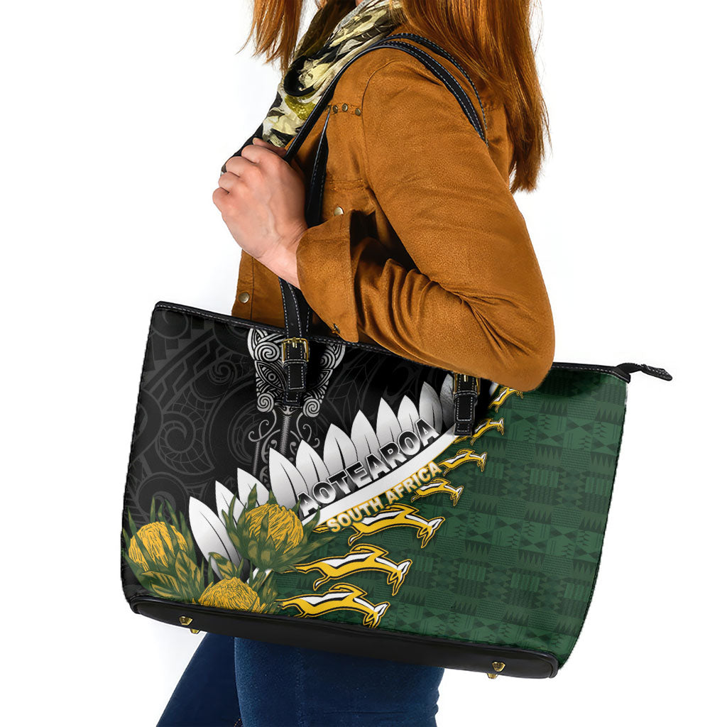 Rugby New Zealand And South Africa Leather Tote Bag Silver Fern With Springboks