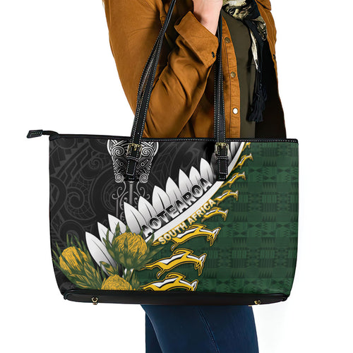 Rugby New Zealand And South Africa Leather Tote Bag Silver Fern With Springboks