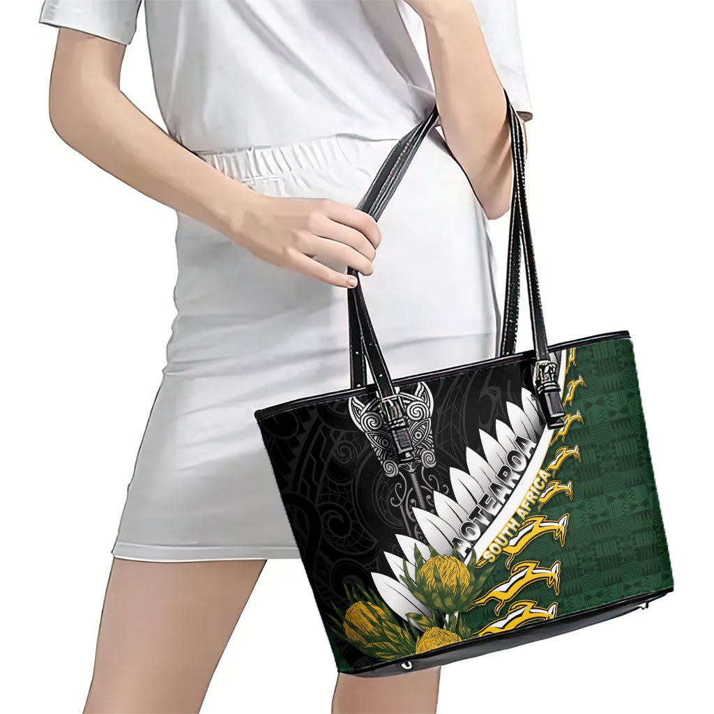 Rugby New Zealand And South Africa Leather Tote Bag Silver Fern With Springboks