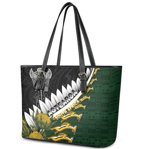 Rugby New Zealand And South Africa Leather Tote Bag Silver Fern With Springboks