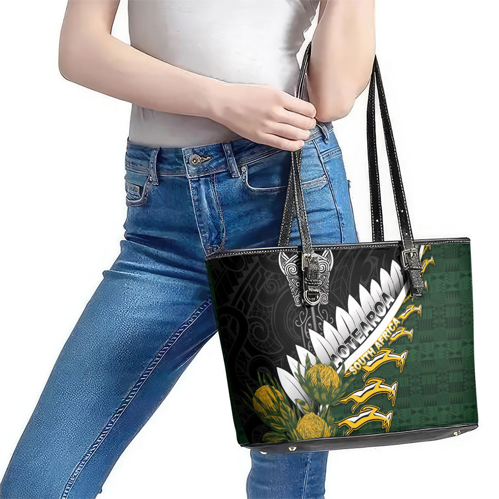 Rugby New Zealand And South Africa Leather Tote Bag Silver Fern With Springboks