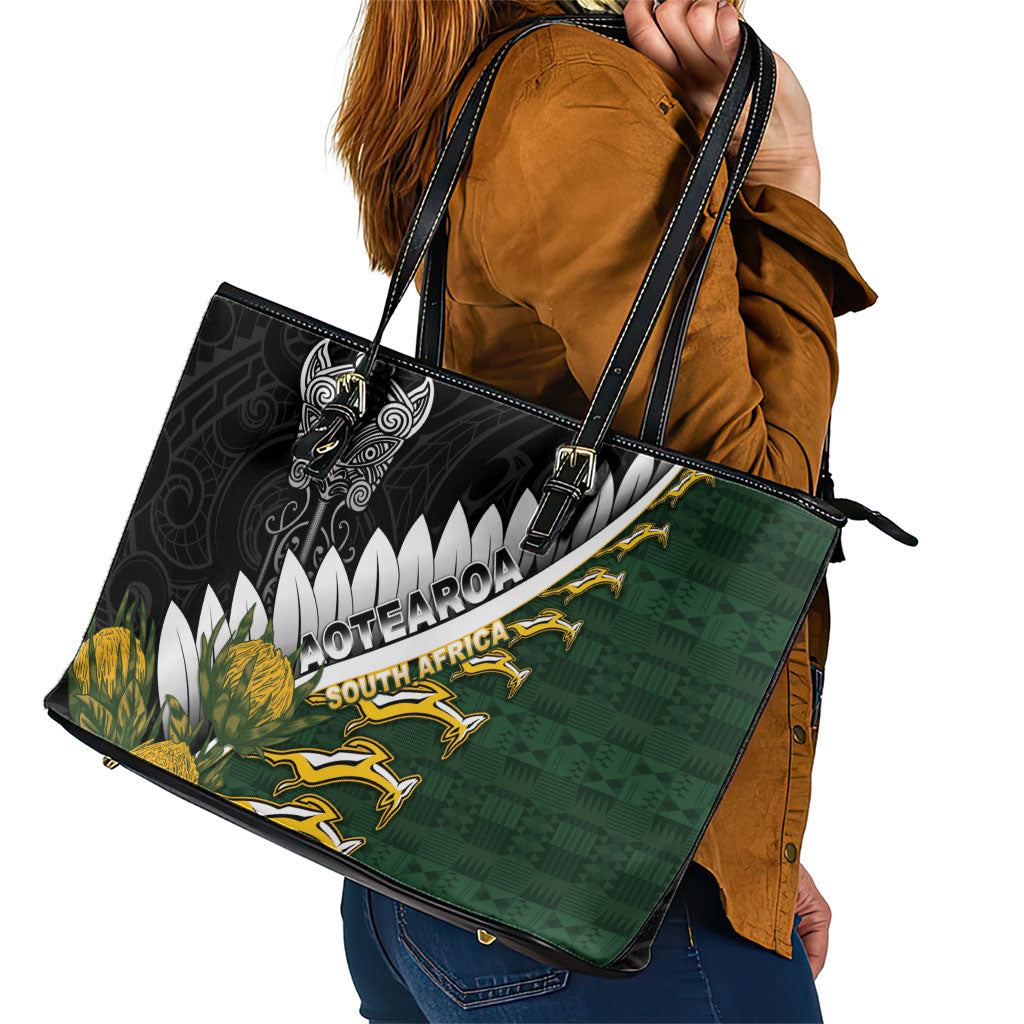 Rugby New Zealand And South Africa Leather Tote Bag Silver Fern With Springboks