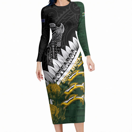 Custom Rugby New Zealand And South Africa Long Sleeve Bodycon Dress Silver Fern With Springboks