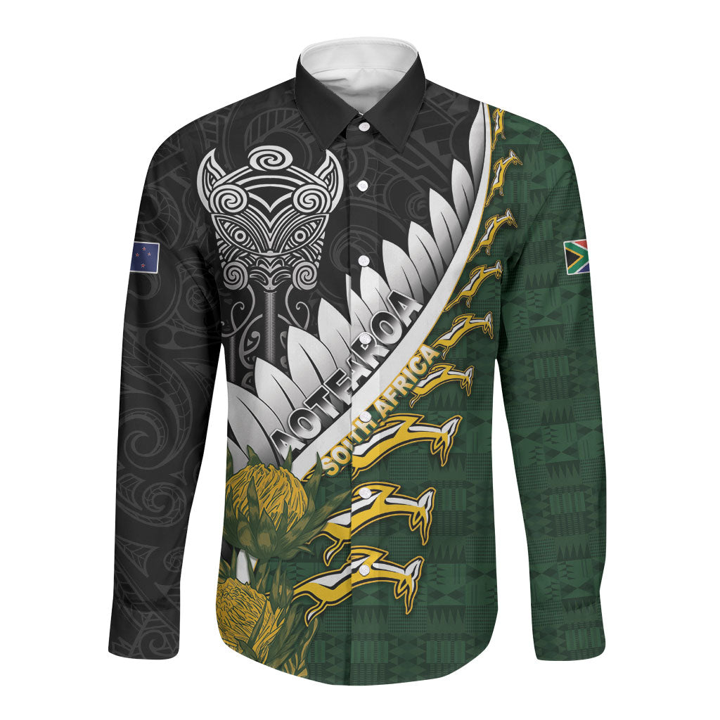 Custom Rugby New Zealand And South Africa Long Sleeve Button Shirt Silver Fern With Springboks