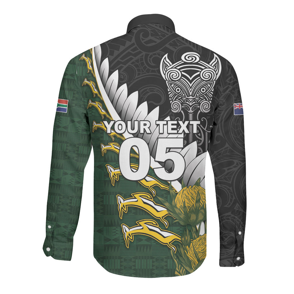 Custom Rugby New Zealand And South Africa Long Sleeve Button Shirt Silver Fern With Springboks