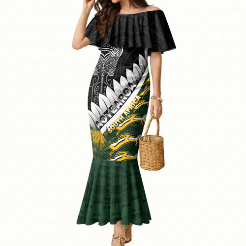 Custom Rugby New Zealand And South Africa Mermaid Dress Silver Fern With Springboks