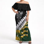 Custom Rugby New Zealand And South Africa Off Shoulder Maxi Dress Silver Fern With Springboks