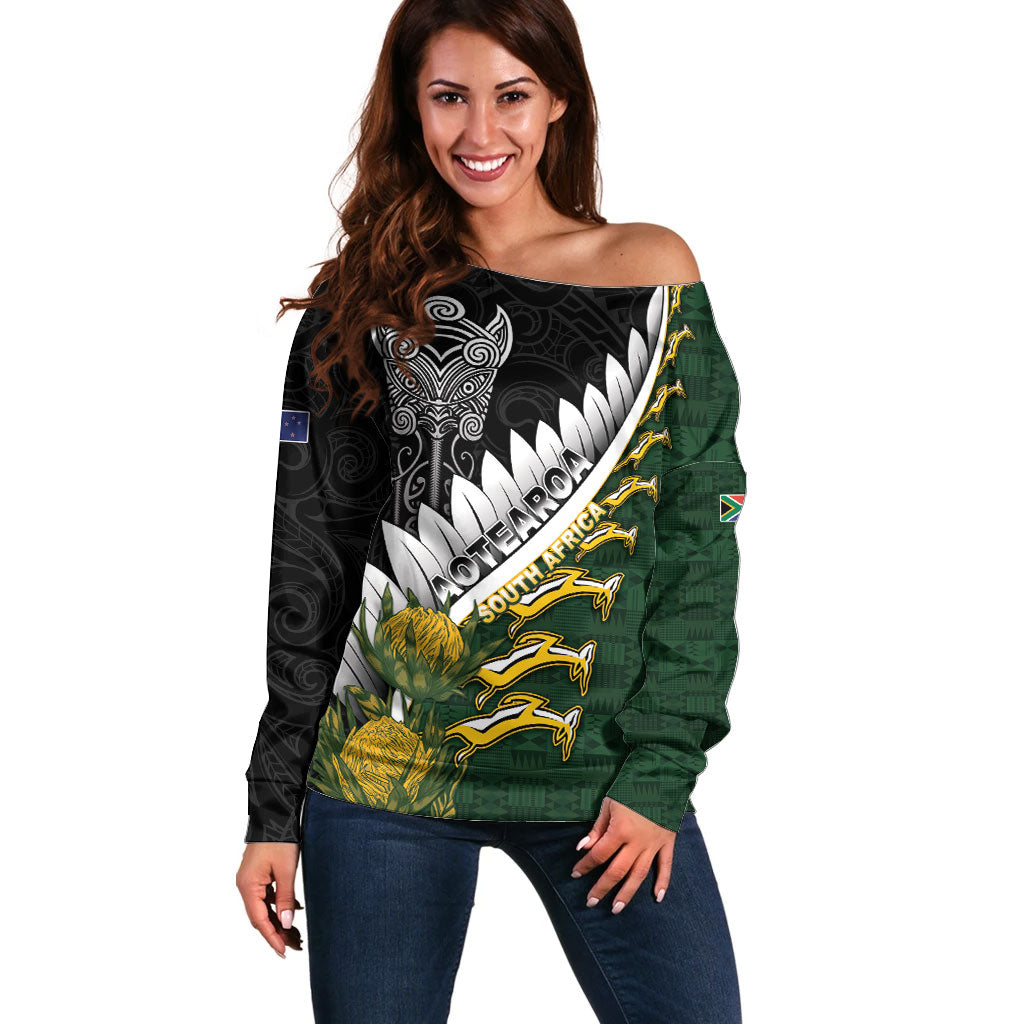 Custom Rugby New Zealand And South Africa Off Shoulder Sweater Silver Fern With Springboks