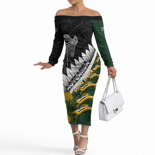 Custom Rugby New Zealand And South Africa Off The Shoulder Long Sleeve Dress Silver Fern With Springboks