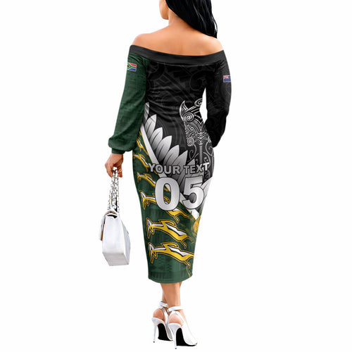 Custom Rugby New Zealand And South Africa Off The Shoulder Long Sleeve Dress Silver Fern With Springboks