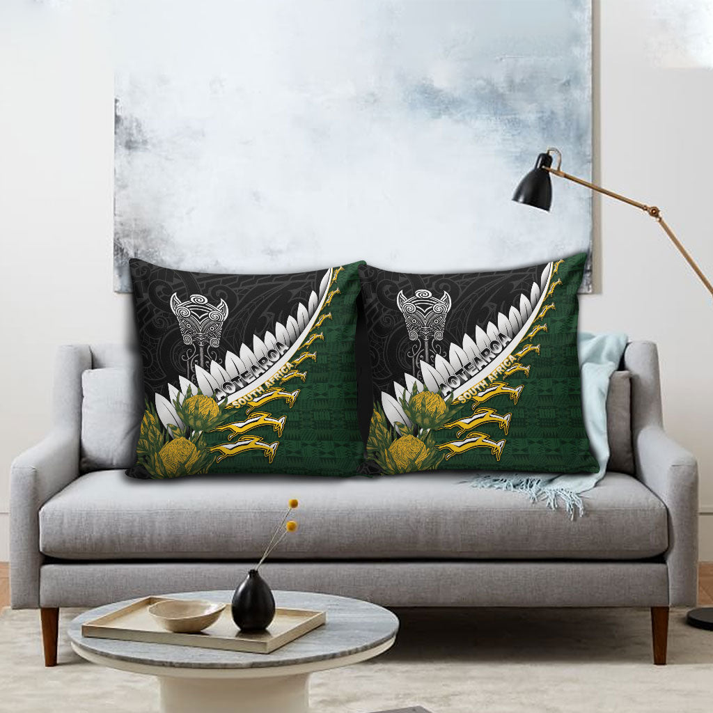 Rugby New Zealand And South Africa Pillow Cover Silver Fern With Springboks