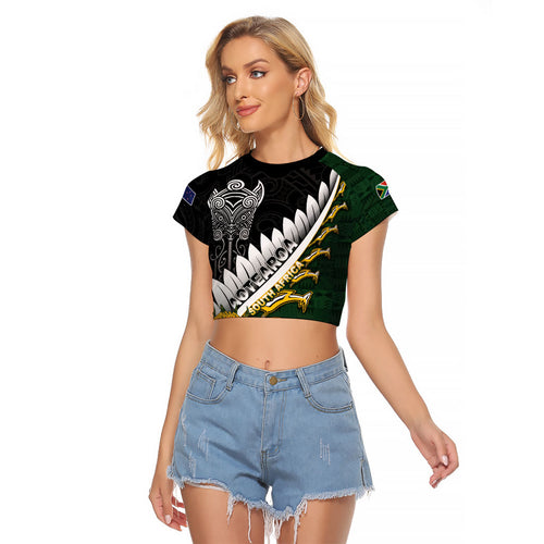 Custom Rugby New Zealand And South Africa Raglan Cropped T Shirt Silver Fern With Springboks