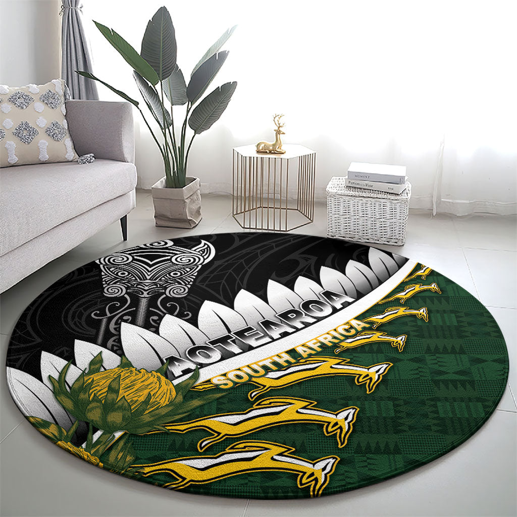 Rugby New Zealand And South Africa Round Carpet Silver Fern With Springboks