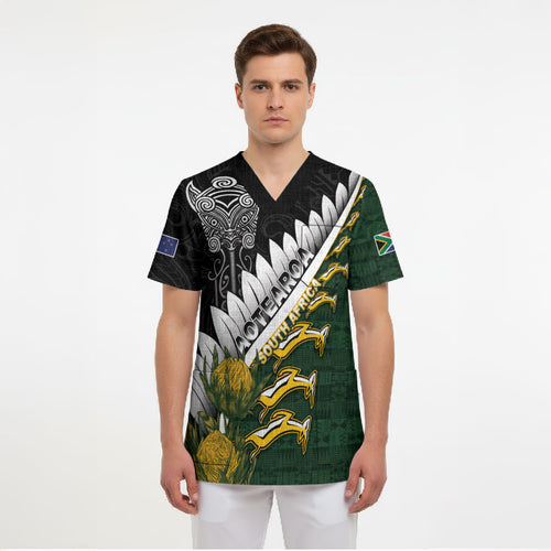Custom Rugby New Zealand And South Africa Scrub Top Silver Fern With Springboks