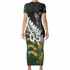 Custom Rugby New Zealand And South Africa Short Sleeve Bodycon Dress Silver Fern With Springboks