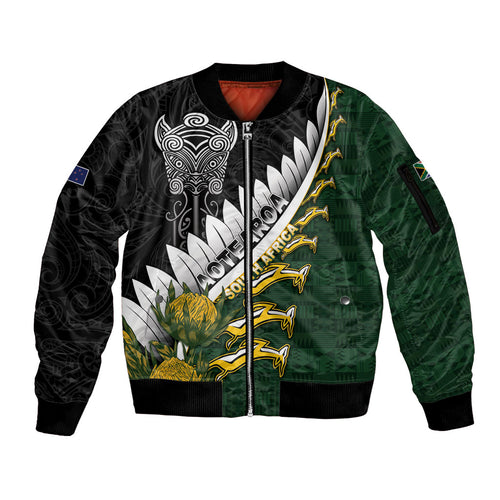 Custom Rugby New Zealand And South Africa Sleeve Zip Bomber Jacket Silver Fern With Springboks