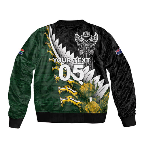 Custom Rugby New Zealand And South Africa Sleeve Zip Bomber Jacket Silver Fern With Springboks