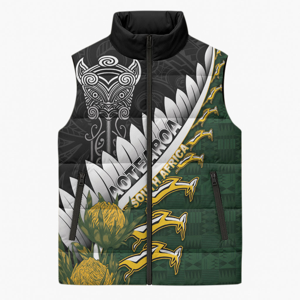 Custom Rugby New Zealand And South Africa Sleeveless Puffer Jacket Silver Fern With Springboks