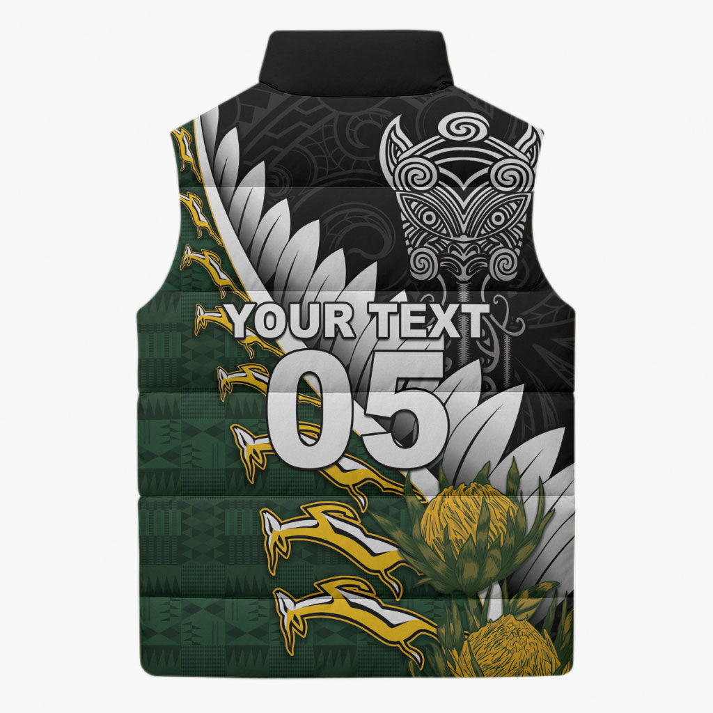 Custom Rugby New Zealand And South Africa Sleeveless Puffer Jacket Silver Fern With Springboks