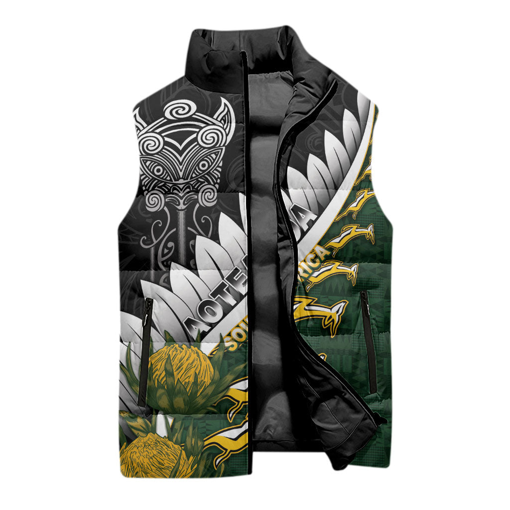 Custom Rugby New Zealand And South Africa Sleeveless Puffer Jacket Silver Fern With Springboks