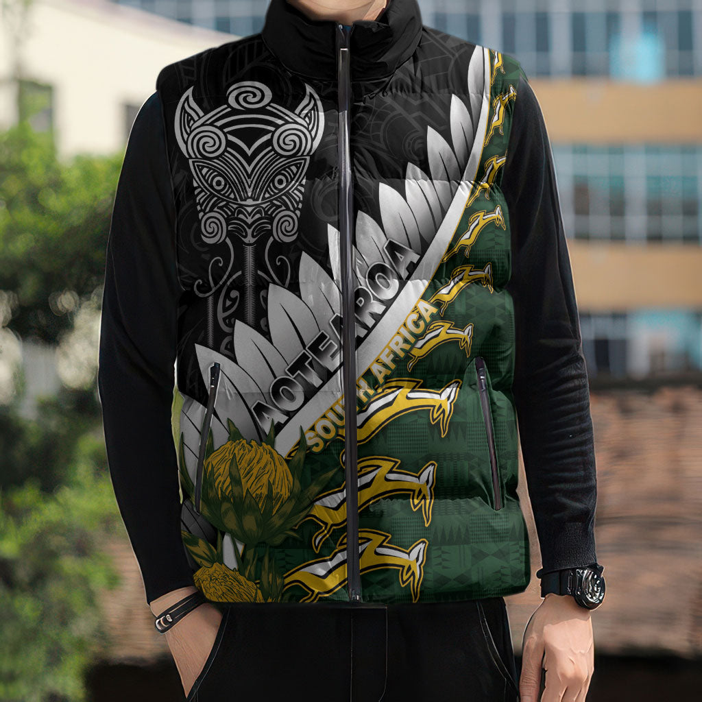 Custom Rugby New Zealand And South Africa Sleeveless Puffer Jacket Silver Fern With Springboks
