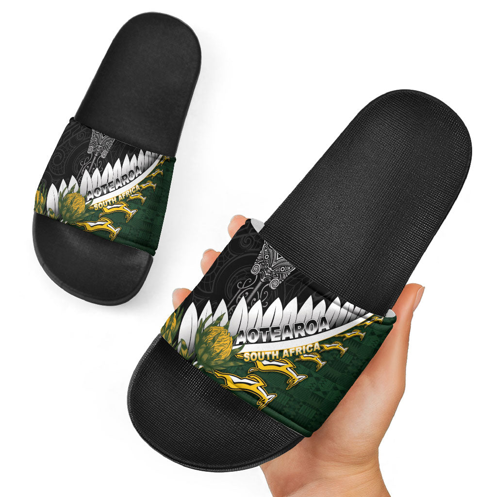 Rugby New Zealand And South Africa Slide Sandals Silver Fern With Springboks