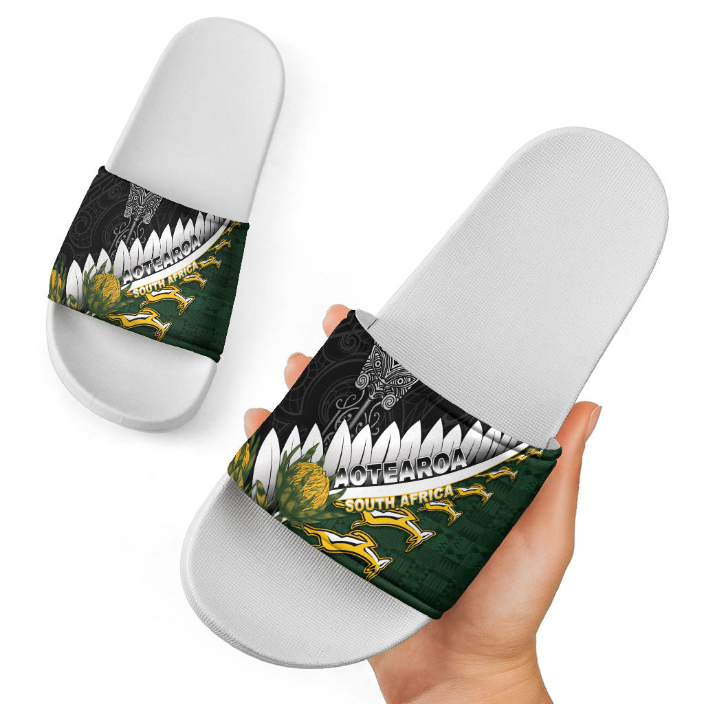 Rugby New Zealand And South Africa Slide Sandals Silver Fern With Springboks
