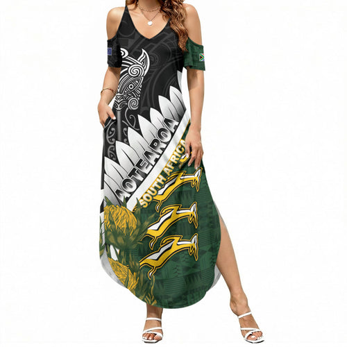 Custom Rugby New Zealand And South Africa Summer Maxi Dress Silver Fern With Springboks