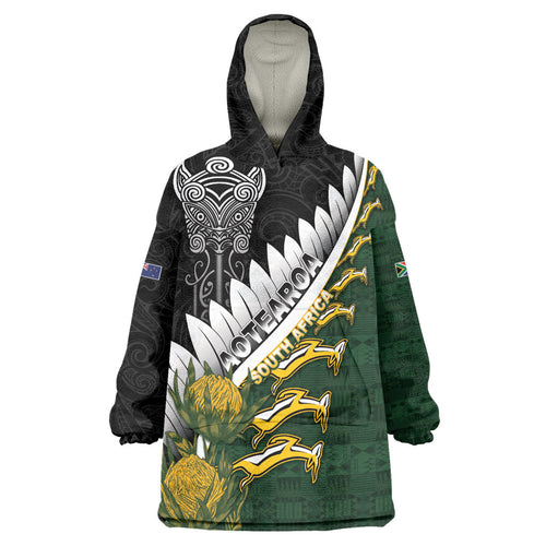 Custom Rugby New Zealand And South Africa Wearable Blanket Hoodie Silver Fern With Springboks