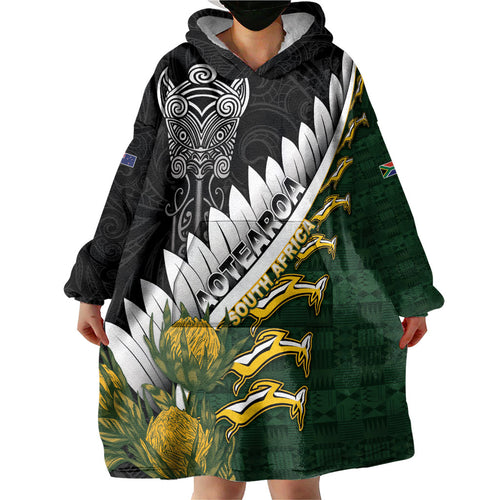 Custom Rugby New Zealand And South Africa Wearable Blanket Hoodie Silver Fern With Springboks
