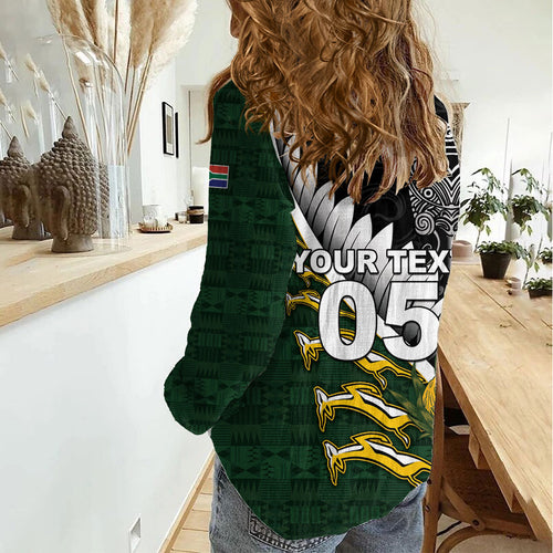 Custom Rugby New Zealand And South Africa Women Casual Shirt Silver Fern With Springboks