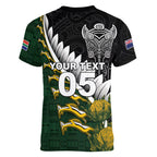 Custom Rugby New Zealand And South Africa Women V-Neck T-Shirt Silver Fern With Springboks