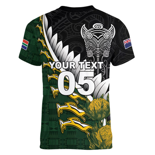 Custom Rugby New Zealand And South Africa Women V-Neck T-Shirt Silver Fern With Springboks